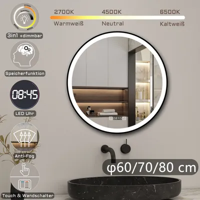 A round LED bathroom mirror with various features displayed around it, placed above a sink.