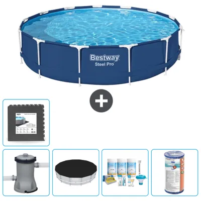 Obrázok produktu pre Okrúhly bazén Bestway Steel Pro - 396 x 84 cm - modrý - vrátane krytu čerpadla - balík na údržbu - filter - dlažba
