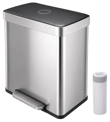 Immagine prodotto di Contenitore per rifiuti Relaxdays, 2 scomparti, 2 x 30 litri, contenitori interni estraibili, sistema di chiusura ammortizzata, pedale, acciaio inossidabile, cestino a pedale per la cucina, colore argento, Immagine generata dall'IA
