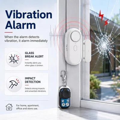 Productafbeelding van Deuralarm, raamalarm, 2-in-1, met magneetcontact en trillingssensor, glasbreukmelder met afstandsbediening, 120 dB volume instelbaar, 5 niveaus gevoeligheid voor deuren, ramen, thuis