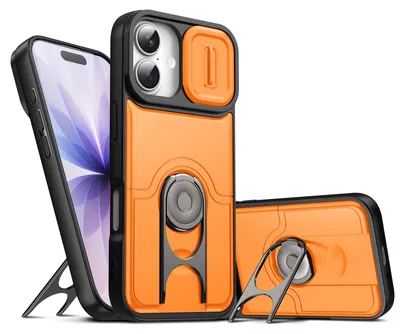 Produktbild von Handyhülle für iPhone 16 mit Dia Kameraschutz und Ringhalter Ständer, Stoßfeste Hybrid Schutzhülle Orange