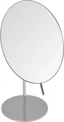 A silver, round makeup mirror with a stand on a white background.