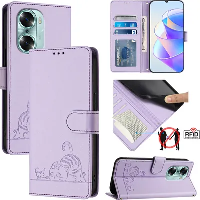 Produktbild von Leder Hülle für Honor 60 Süße Katze Flip Case Brieftasche Schutzhülle mit Standfunktion Lila