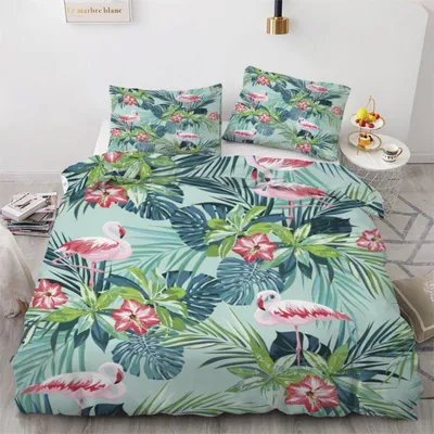 Produktbild von Bettwäsche-Set 135x200 cm 2-teilig Mikrofaser Flamingo Blumen 3D Wendebettwäsche mit Reißverschluss