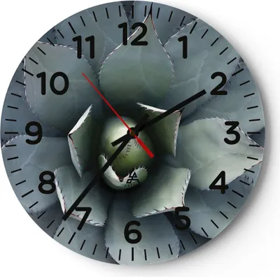 Produktbild von Wanduhr - Rund - Glasuhr - Blau Blätter Agave - 40x40cm - Schleichendes Uhrwerk - Lautlos - zum Aufhängen bereit - Dekoration Modern - Wanddekoration aus Glas - C4AR40x40-5133
