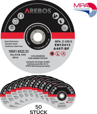 Produktbild von AREBOS Trennscheiben 180 mm 50 Stück für Stahl Edelstahl Metall EN12413