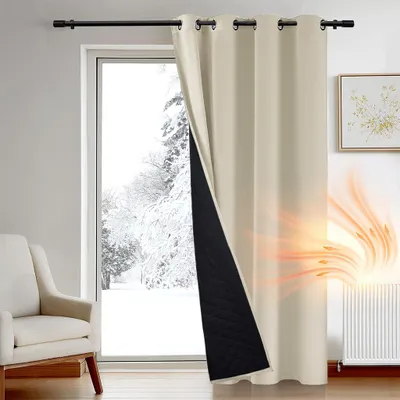 A beige curtain is partially drawn, revealing a snowy outdoor scene through a glass door. A radiator is visible on the right, with stylized heat waves emanating from it towards the curtain.