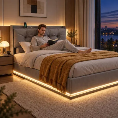 Obrázok produktu pre INONEFT Čalúnená posteľ, dvojlôžko, 160x200 cm, s hydraulickým úložným priestorom, LED osvetlením a USB portmi, posteľ s úložným priestorom, rám postele s latkovým roštom, zamat, sivá farba