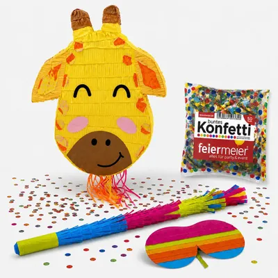 Produktbild von Pinata-Set | 4-tlg. mit Augenmaske, Schlagstock und Konfetti Farbe: "Giraffen Kopf" | 42x33x7,5cm