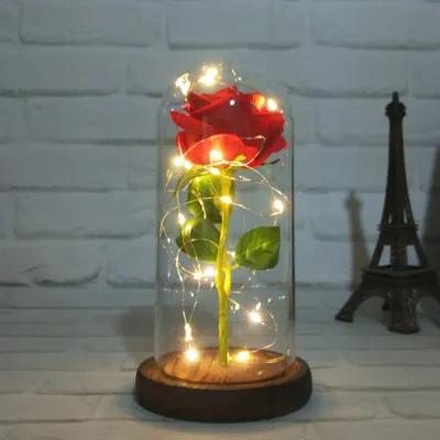 Obrázok produktu pre Umelá večná ruža v skle s LED svetlom, Ruža v skle, Umelé kvety s LED svetlom v sklenenej kupole, Večná ruža