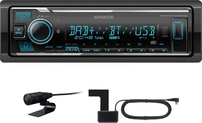 A car stereo head unit and accessories are displayed against a black background.