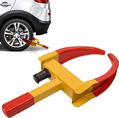 Obrázok produktu pre TRMLBE Wheel Claw Universal Parking Claw Stainless Tyre Claw Anti-theft s 9 nastaviteľnými otvormi a 2 kľúčmi, zámok na kolesá pre autá, motorky, nákladné vozidlá so šírkou 19-30 cm (žltá/červená)