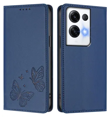 Obrázek produktu pro Kožené pouzdro pro Oppo Reno8 Pro 5G, motýlí ražbou, peněženkové flip pouzdro se stojánkem Tmavě modrá