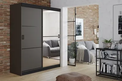 Produktbild von FurMeb24 Schiebetrenschrank RETRO 2-138x200cm Kleiderschrank mit Spiegel, 2-triger Schiebeschrank (Graphit Antracyt / Graphit Anthrazit + Spiegel+ schwarze Beschl€ge)