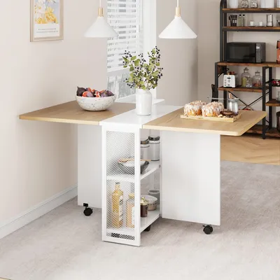Immagine prodotto di Tavolo pieghevole da pranzo con due ripiani portaoggetti e piano allungabile, ideale per risparmiare spazio