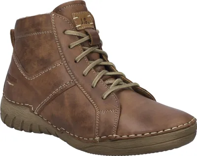 A single brown leather boot is shown against a white background.