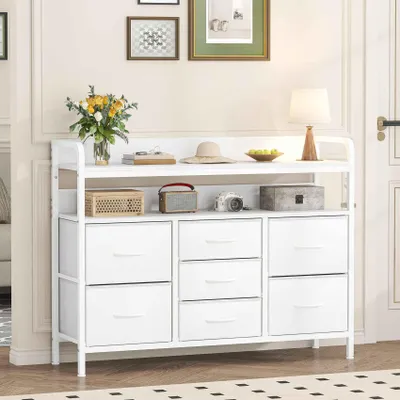 Produktbild von Kommode mit 7 Stoffschubladen & Offenem Regal, Stoffkommode Weiß Sideboard Schrank für Schlafzimmer Flur Wohnzimmer, 100x30x76 cm