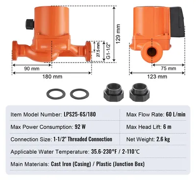 Immagine prodotto di Pompa di ritorno dell'acqua calda, funzionamento silenzioso, elevata compatibilità, LPS25-6S-180 60 l/min, EU-a