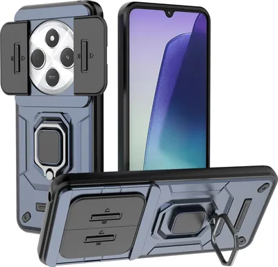 Image de Étui pour Xiaomi Redmi 14C étui double couche avec protection coulissante de l'appareil photo et support d'anneau, stand Bleu