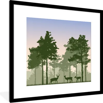 Produktbild von MuchoWow® Gerahmtes Poster Eine Illustration eines Waldes mit Rehen 40x40 cm - Poster mit Schwarzem Bilderrahmen Wandposter Rahmen Foto Bilder - Poster - Plakat im Rahmen