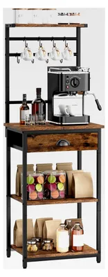 Produktbild von Küchenregal mit 5 Ebenen und 8 Haken, Kaffeebar mit Stoffschubladen und Stahlrahmen, 43 x 33 x 134,5 cm