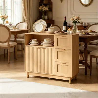 Produktbild von Sideboard Kommode Anrichte mit 3 Schubladen & Türen, Küchenschrank in Holz-Optik mit Wellenmuster, 90x35x80 cm, Braun