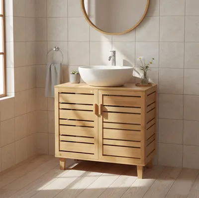 Produktbild von MinteLiv Waschbeckenunterschrank 66cm - Badezimmerschrank Bambus Badschrank