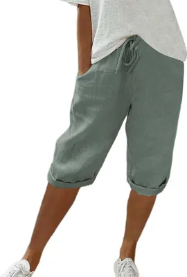 Produktbild von Damen Leinen-Shorts Sommer Knielang mit Kordelzug, Luftig und Bequem, Hohe Taille, Casual Strandhose