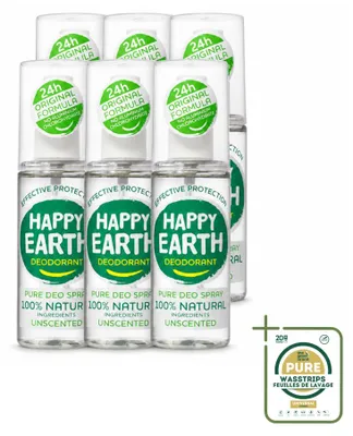 Immagine prodotto di 6 flaconi di deodorante spray Happy Earth Pure, senza profumo, capacità 100 ml, confezione risparmio, 6 pezzi