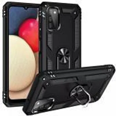 A black protective case for a Samsung Galaxy A04s phone, shown from multiple angles, with a ring stand feature.
