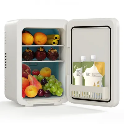 Produktbild von Puluomis Mini Kühlschrank 10L, 2 in 1 Warm- und Kühlbox tragbar Ultra-Leiser Auto Kühlbox (<30dB) 12V/220V /230V AC/DC für Getränkedosen, Snacks Beige