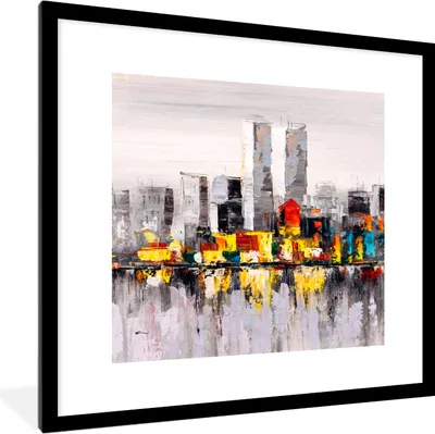Produktbild von MuchoWow® Gerahmtes Poster Gemälde - Skyline - Farben - Ölfarbe 40x40 cm - Poster mit Schwarzem Bilderrahmen Wandposter Rahmen Foto Bilder - Poster - Plakat im Rahmen