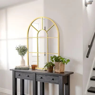 Produktbild von Wandspiegel mit Metallrahmen, Fensterspiegel, Dekospiegel Gold, gewölbter Rahmen | 70 x 50 cm | Metall/Glas | vorinstallierte Haken