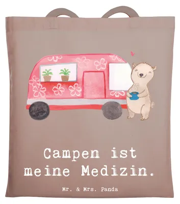 Produktbild von Mr. & Mrs. Panda Tote Bag Bär Camper - Braun Pastell - Geschenk, Urlaub, Laptoptasche, Campingplatz, Baumwolltasche, Wohnmobil, Tasche, Zelten, Shopping, Einkaufstasche