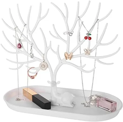 Produktbild von PromoHome® 2-in-1 Schmuckbaum und Schmuckdisplay - Weißer Schmuckständer mit Geweihdesign für Ohrringe, Ketten, Armbänder und Uhren