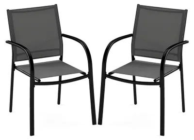 Produktbild von Terrassenstühle aus Textilene mit Metallgestell, 2er Set mit Armlehnen, bis 150 kg belastbar, 61 x 58 x 85 cm (Grau)
