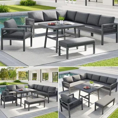 Produktbild von Handgefertigte L-bank für bis zu 8 Personen / Robuster Stahlrahmen mit grauen Kissen / Inklusive 1 Tisch mit Marmormeßplatz und 2 Sesseln / Wetterbeständige Terrassenmöbel-Sets