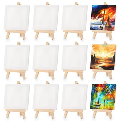 Immagine prodotto di Cavalletto da pittura mini - Triangolare in legno - 10 x 10 cm - Set da 12 - Con tela