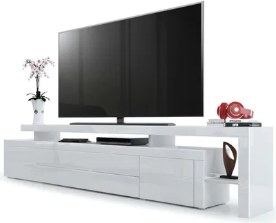 Produktbild von Vladon TV Board Lowboard Leon V3,  Germany, Korpus und Überbau in Weiß Hochglanz / Front in Weiß Hochglanz mit Rahmen in Weiß Hochglanz (227 x 52 x 35 cm)