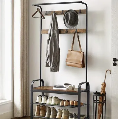 Produktbild von Industrielle Garderobe 4-in-1 – Garderobenständer mit Schuhbank & 9 Haken – Metall & Holz – 84x33,7x183 cm – Für Eingangsbereich oder Flur