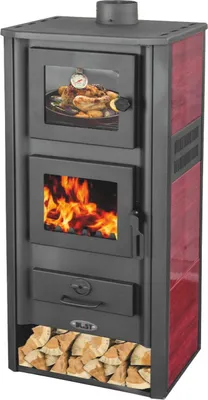 Produktbild von Kaminofen mit Backfach Rot Holzofen 12,1 kW Kamin Ambasador Ofen Dauerbrandofen Werkstattofen Schwedenofen Hüttenofen Heizofen