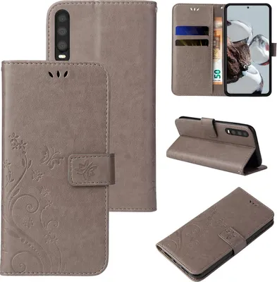 Produktbild von Handyhülle für Huawei P30 Floral Blumen Schmetterling Flip Cover Hülle Case Klapphülle Handytasche Farbe: Grau