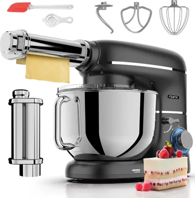 A black stand mixer with various attachments, including a pasta maker, is displayed along with a slice of cake and some berries.