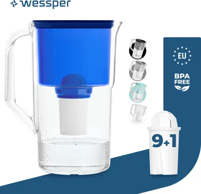 Image de Wessper Carafe filtrante 2.5 L Compatible avec Brita Classic , Système de filtration d'eau pour réduire le calcaire, le chlore | + 10x filtres à eau Bleu
