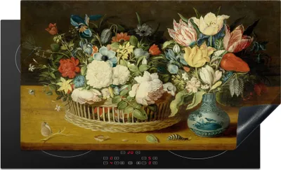 Produktbild von KitchenYeah© Herdabdeckplatte Stilleben mit Blumenkorb und Vase - Gemälde von Osias Beert , 89x51cm, Küche Deko, Glaskeramikkochfeld Herdabdeckung, Abdeckplatte fùr Kochfeld