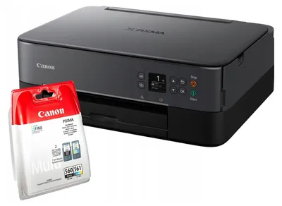 A Canon Pixma printer and a pack of ink cartridges are displayed against a white background.