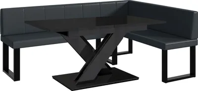 Produktbild von MEBLINI Eckbank für Esszimmer mit ausziehbarem Tisch  - Küchenbank - Essecke - Sitzecke Küche - PETER - U-Beine 142x196x87cm Rechts - Dunkelgrau Kunstleder/B Schwarz Hochgl.
