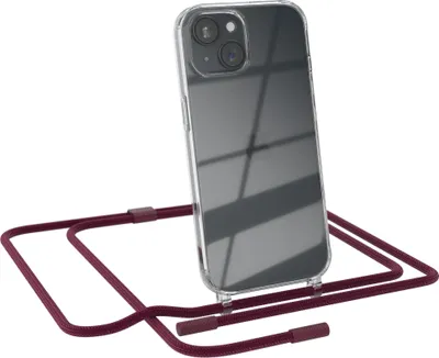 Produktbild von EAZY CASE Handykette für Apple iPhone 15, Clear Case aus Silikon, mit Umhängeband, abnehmbare Endstücke, Handyband in Rot