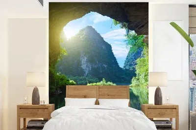 Imagen del producto de Papel pintado con motivos acuáticos: cueva, sol, naturaleza, plantas. Ancho: 160 cm, alto: 220 cm