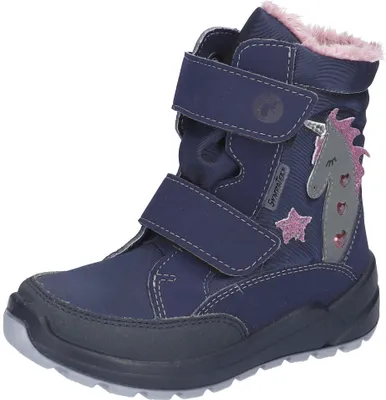 A single navy blue boot with pink trim and a unicorn design is shown against a white background.